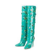 sequin womens high boots autumn and winter new pointed ultra high heel 9 5cm color rhinestone metal decorative green boots