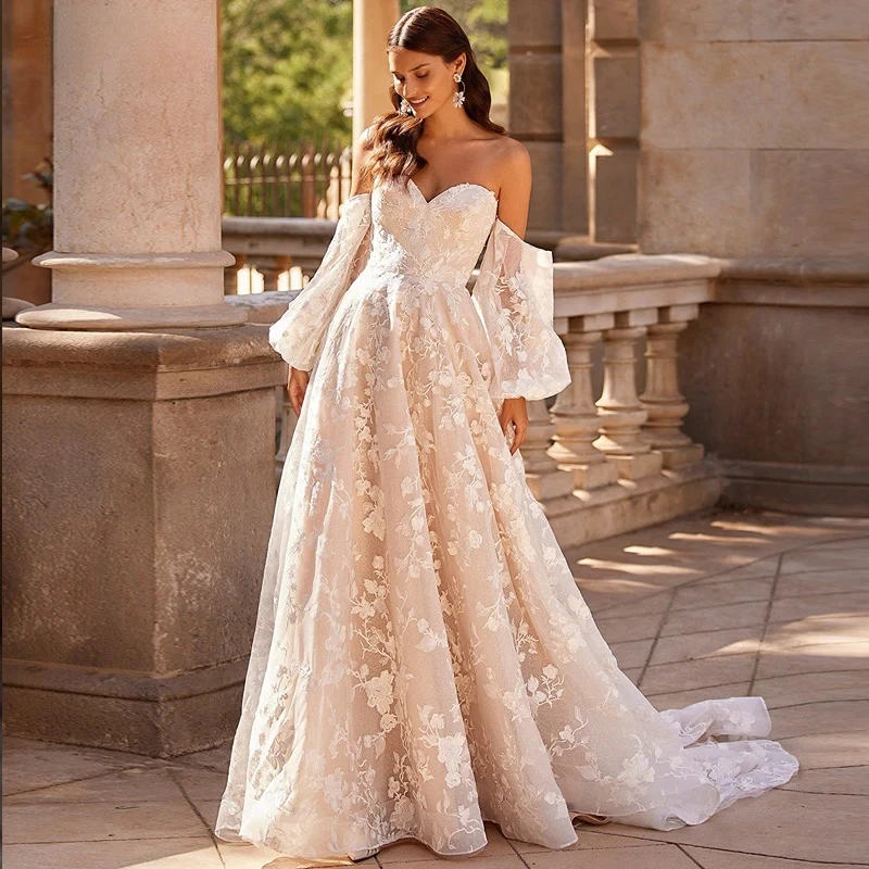 

Princess A-Line Champagne Wedding Dress Sweetheart Off Shoulder Detachable Sleeves Appliqued Bridal Gown Boho Vestido De Novia
