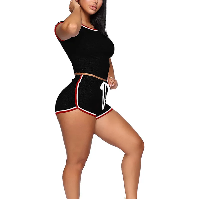 2pcs Loungewear Women Pajamas Outer Sportswear Home Clothes  Solid Stitching Short-sleeved Casual Lace-up Shorts Female