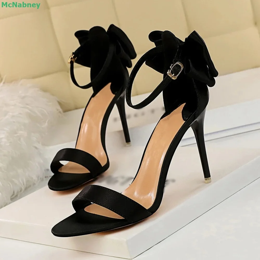 Butterfly-knot Ankle Buckle Strap Sandals Mixed Colors Round Toe Thin High Heel Shallow Sweet Simple Design Classics Summer Shoe