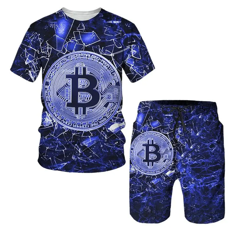 Bitcoin Pattern T Shirt For Men Casual Shorts 2 Piece Outfit Fashion Trend Summer Sports Sets Funny Streetwear Short Sleeve Tops
