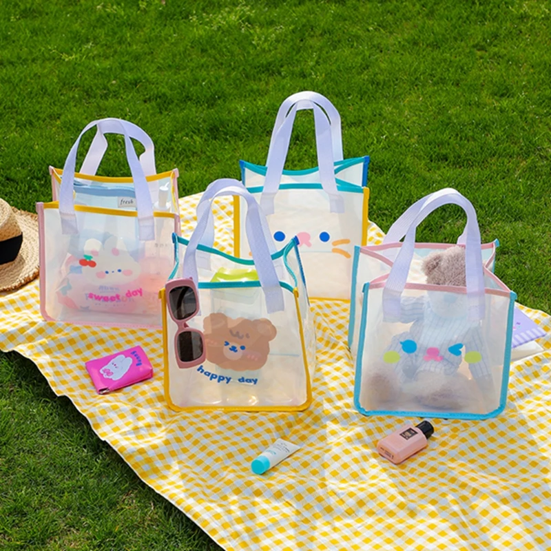 Women Mesh Handbag Totes Girls Summer Travel Beach Bag Cartoon Bear Rabbit Women Shopping Bags Gauze Hand Bags Fashion Tote Bag