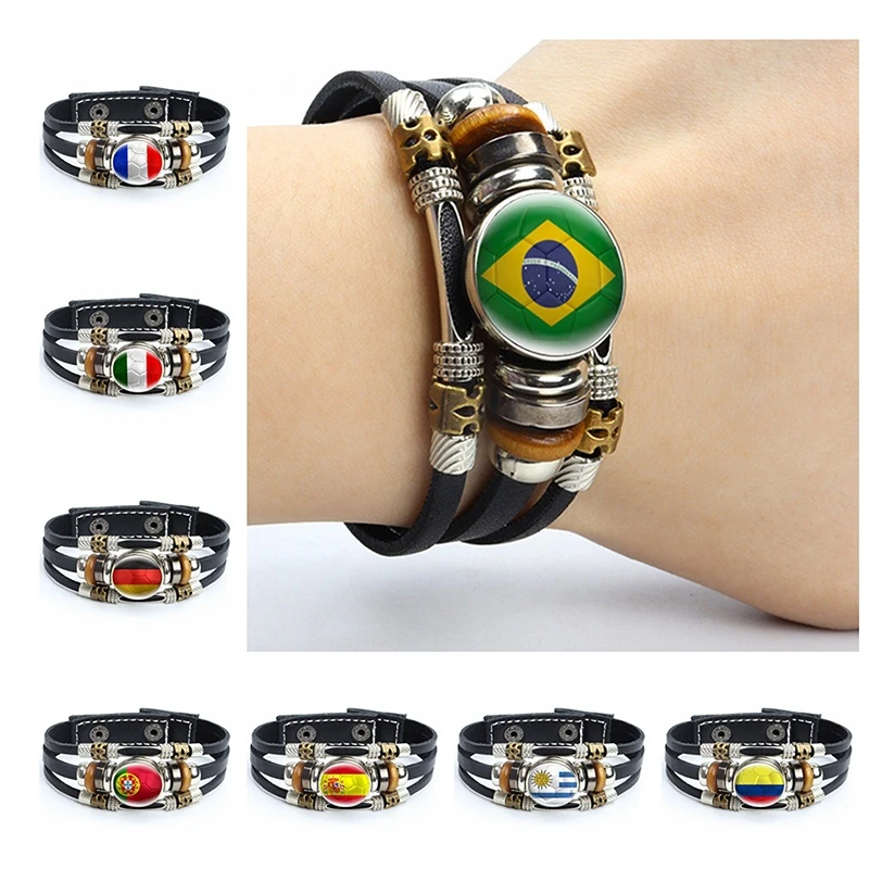 

Countries Flag Leather Bracelets Handmade Soccer Bracelets Bangles National Football Lover Gift Multilayer Braided Jewelry