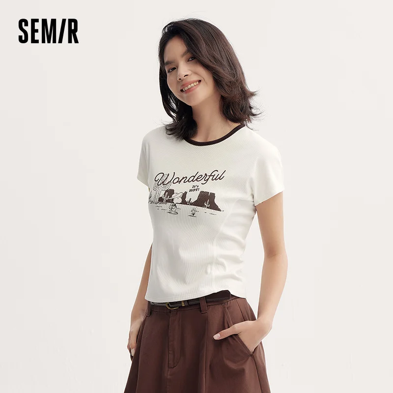 Фото Короткая футболка Semir, тонкий топ, женский летний топ 2025, цветной блок, модный винтажный принт №2