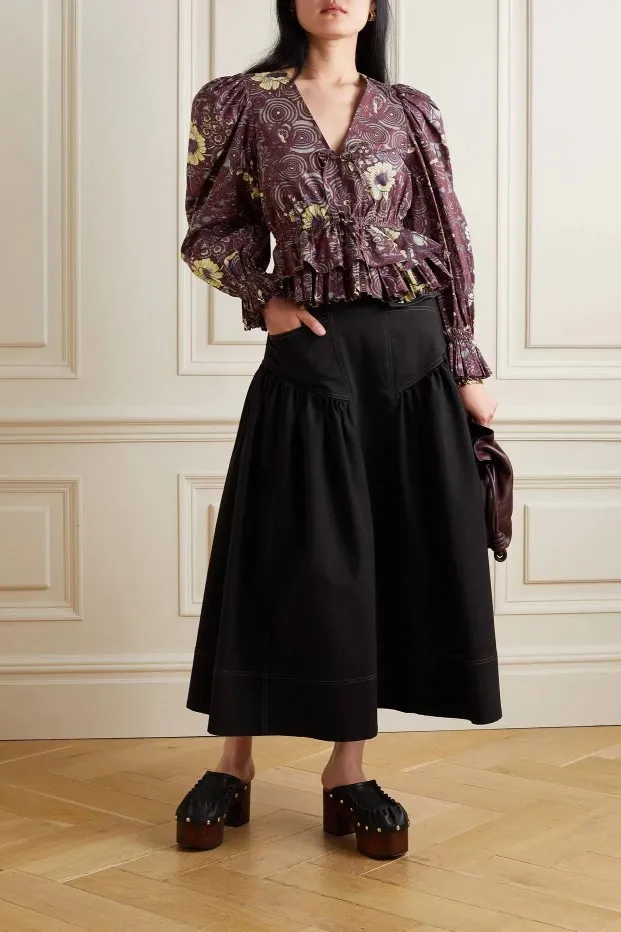 

High Quality 4 Colors Women V-Neck Blouse Autumn New 2022 Puff Sleeve Casual Fashion Cotton Ruffle Print Long Sleeve Shirt Tops