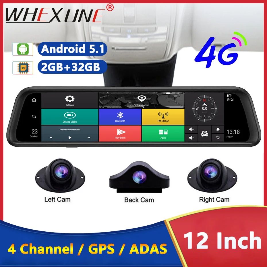 

12" 4G Car DVR Android Night Vision 4 Channel Dash Cam Camera Recorder WIFI ADAS GPS Navigator Phone Live Video Rear View Mirror