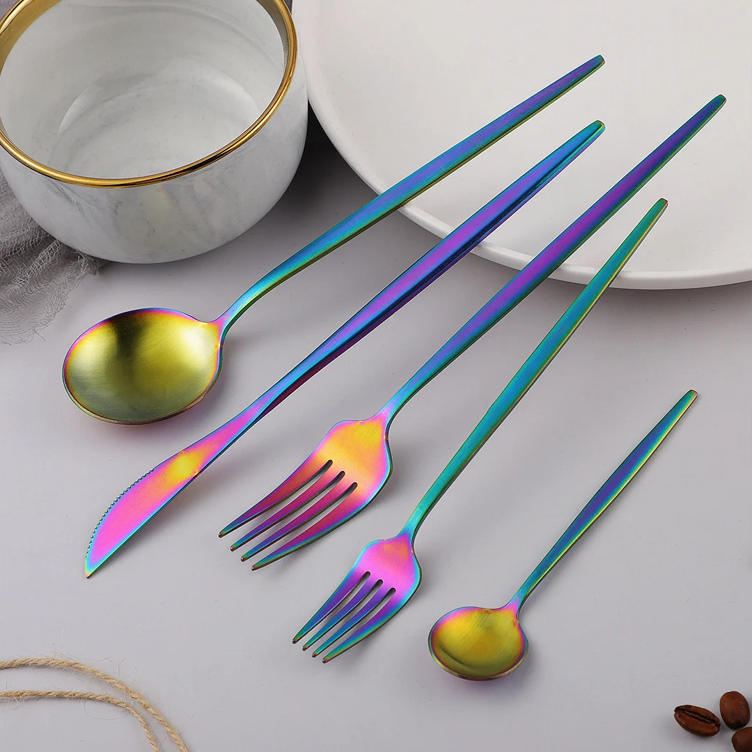 

5Pcs Rainbow Flatware Matte Stainless Steel Kitchen Utensils Dinnerware Sets Western Forks Knives Spoons Cutlery Combination Set