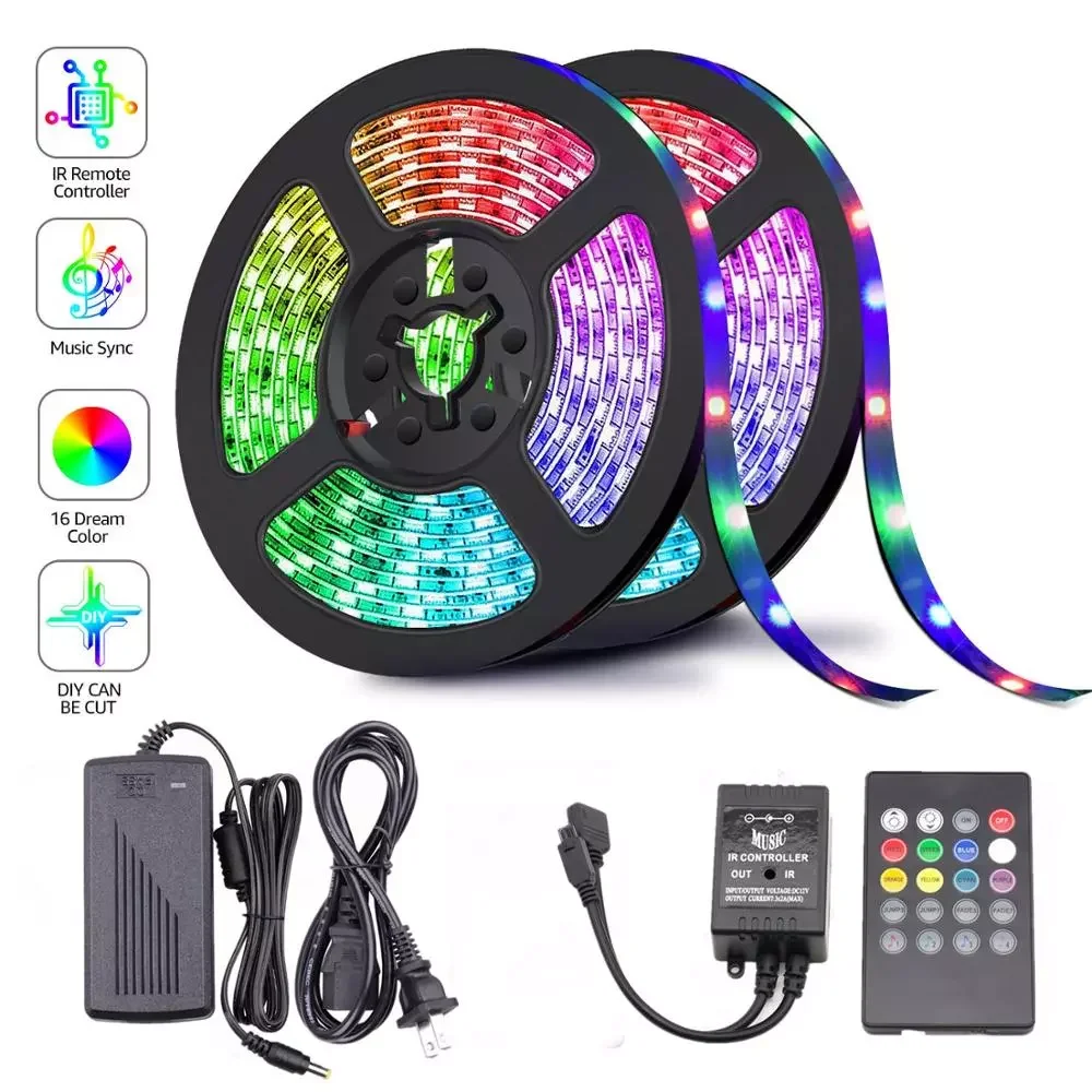 

5M 10M 15M 5050 RGB LED Strip Sync To Music For Holiday Birthday Party Decoration DC 12V 150leds 300leds LED Rope Tape Ribbon