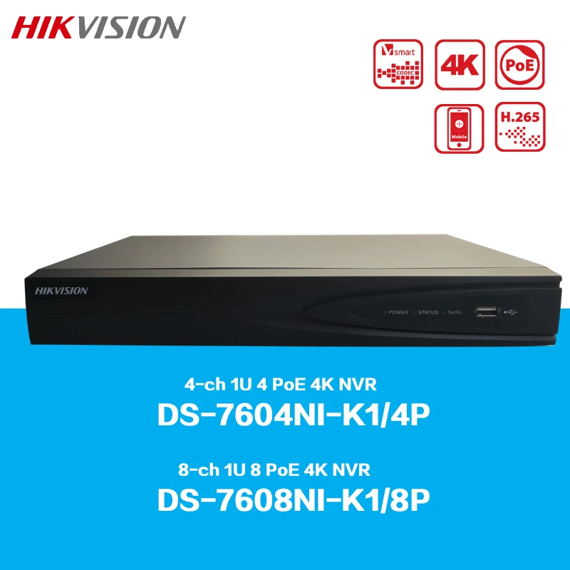 

HIKVISION NVR 4-ch/8-ch 1U 4/8 PoE Ports 4K Network Video Recorder DS-7604NI-K1/4P DS-7608NI-K1/8P Support Two-Way Audio