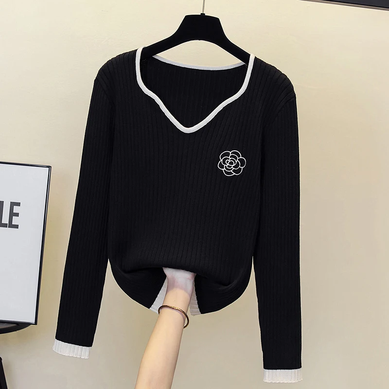 Женский свободный пуловер с цветочной вышивкой повседневный лоскутный большого