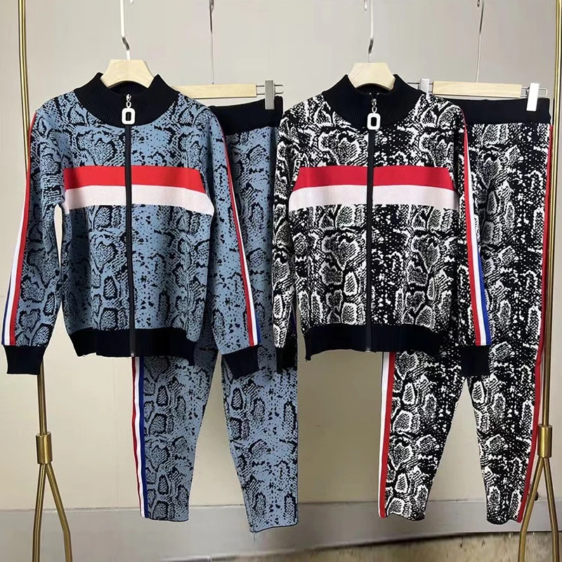 

Knitwear Sport Two Piece Sets Womens Outifits 2022 Autumn Street Leopard Cardigan Zipper Sweater+Elastic Waist Knit Pant Suit