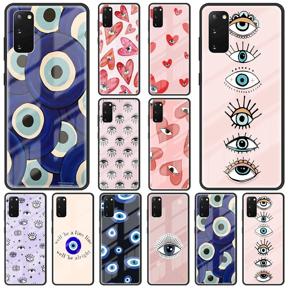 

Lucky Eye Blue Evil Eye Tempered Glass Case For Samsung Galaxy S22 Ultra S21 Plus S20 FE 5G S10 Lite Hard Case For S9 S8+ Fundas