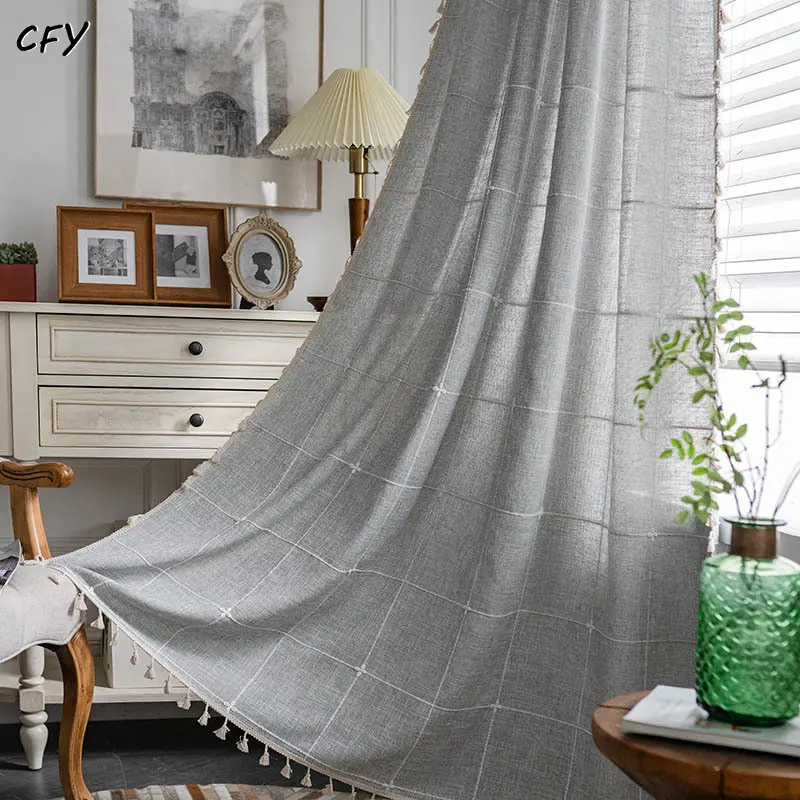

American Cotton Linen Plaid Curtains for Living Room Semi Blackout Bedroom Drapes Cabinet Farmhouse Tassel Decorative Valance