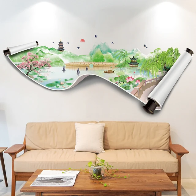 2022 New Chinese Style Landscape Wall Sticker Flower Ginkgo Home Office Decor Art Vinyl Decal Living Room Wallpaper | Дом и сад