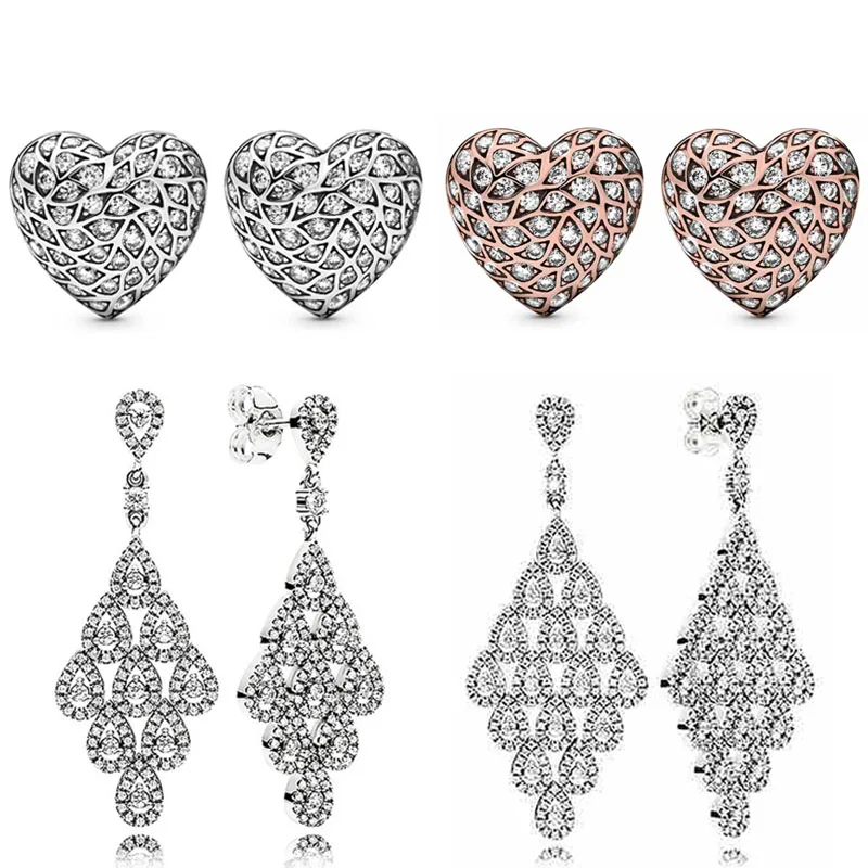 Original Sparkling Pattern Heart Layered Charm 925 Sterling Silver Earrings with Crystals DIY High Quality Women's Boutique Gift