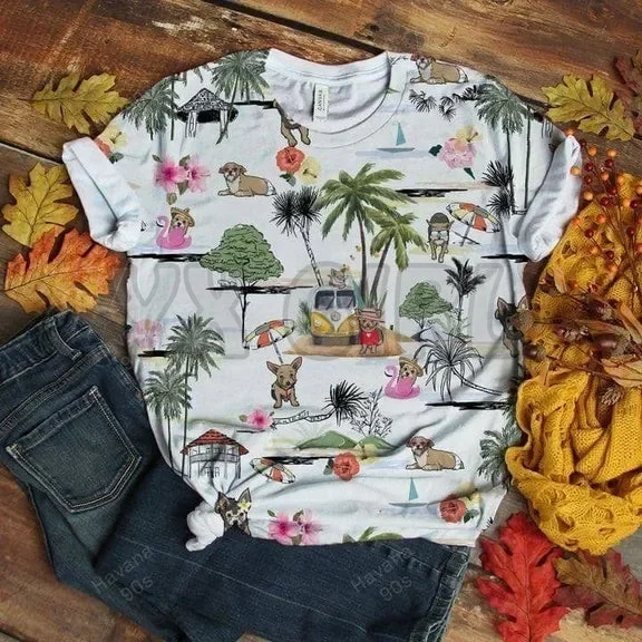 Комочко спаниель-Гавайский пляж ретро 3D футболки с принтом по всей площади