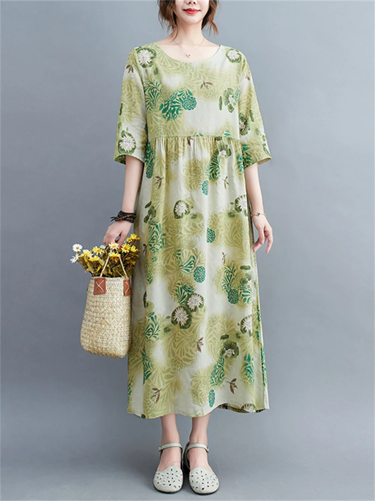 

Женское винтажное платье из 2022 хлопка, повседневное длинное зеленое платье с цветочным принтом и рукавом до локтя, элегантная одежда на лет...