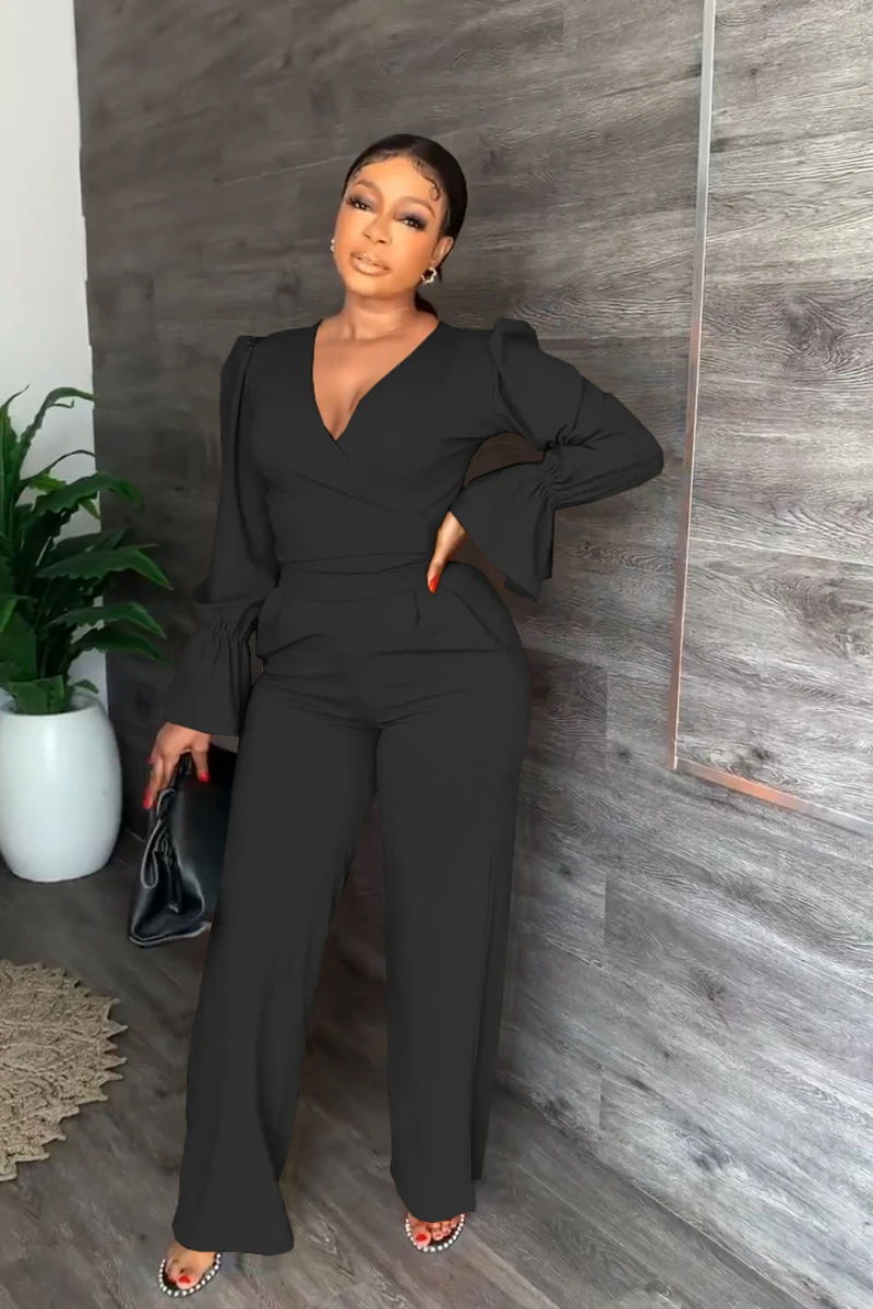 

2 Piece Outfit Autumn African Women Fashion Office Ladies V-neck Flare Sleeve Lace-up Top Straight Pants Two Piece Set for Women