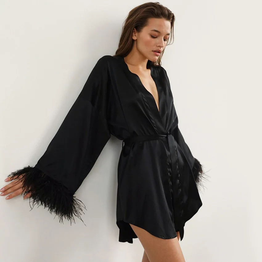 

Summer Gown for Women Feather Long-sleeved Cardigan Silk Black and White Bathrobe Solid Color Women's Home Wear Bridal Robes