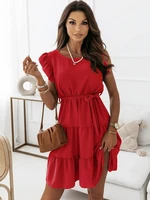 2022 summer new solid color round neck pullover short sleeve ruffle tie waist fashion dress street style ladies mid length skirt