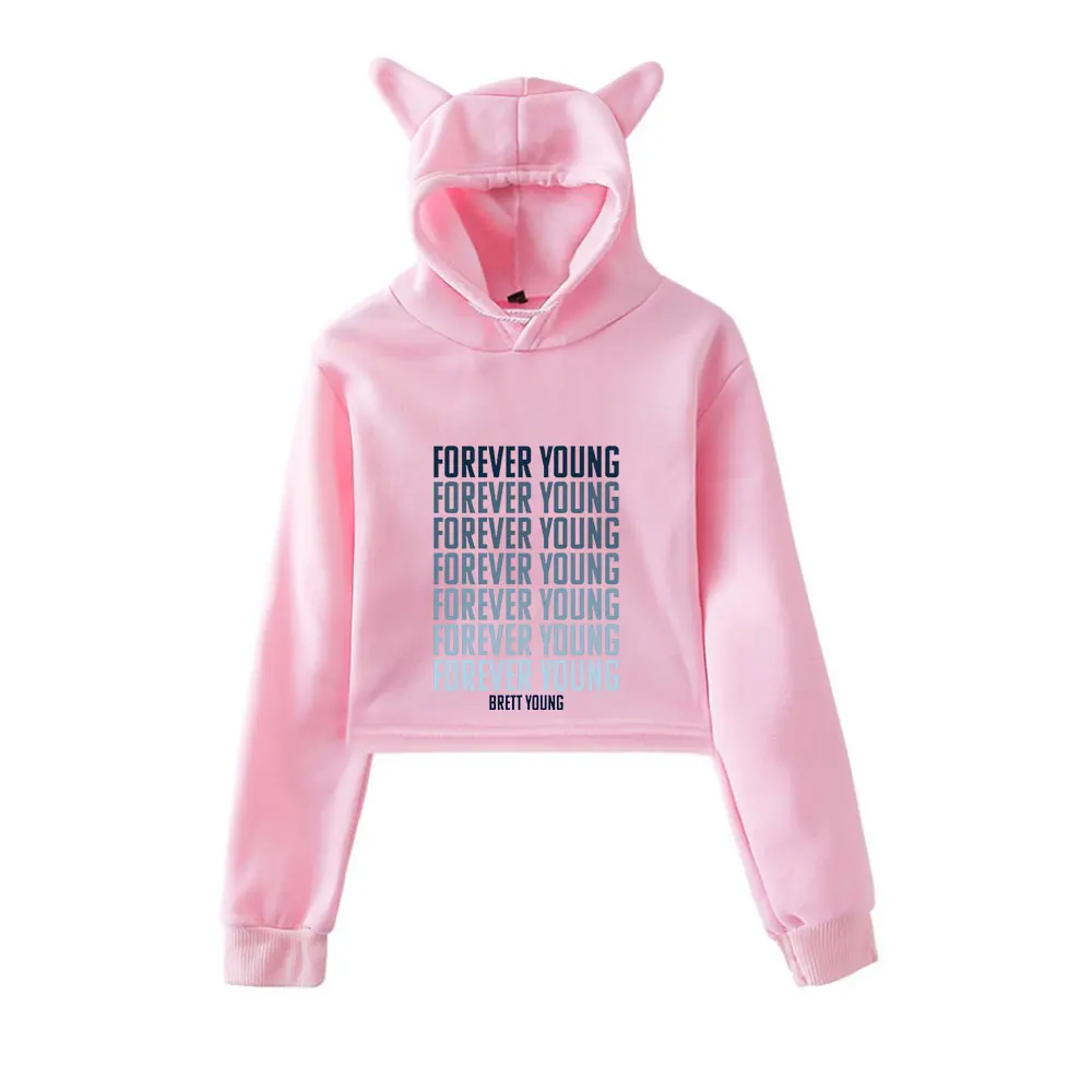 

Brett Young Forever Young Cat Ear Hoodie Women Long Sleeve Cropped Sweatshirts Female Casual Streetwear Crop Tops