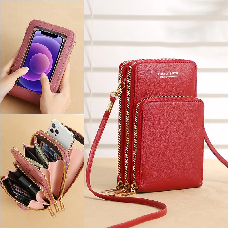 

Korean style touch screen mobile phone bag Lady purse PU long large capacity multi-function mini bag shoulder diagonal cross bag
