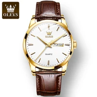 olevs business dual calendar great quality watches for men corium strap waterproof quartz men wristwatches calendar week display