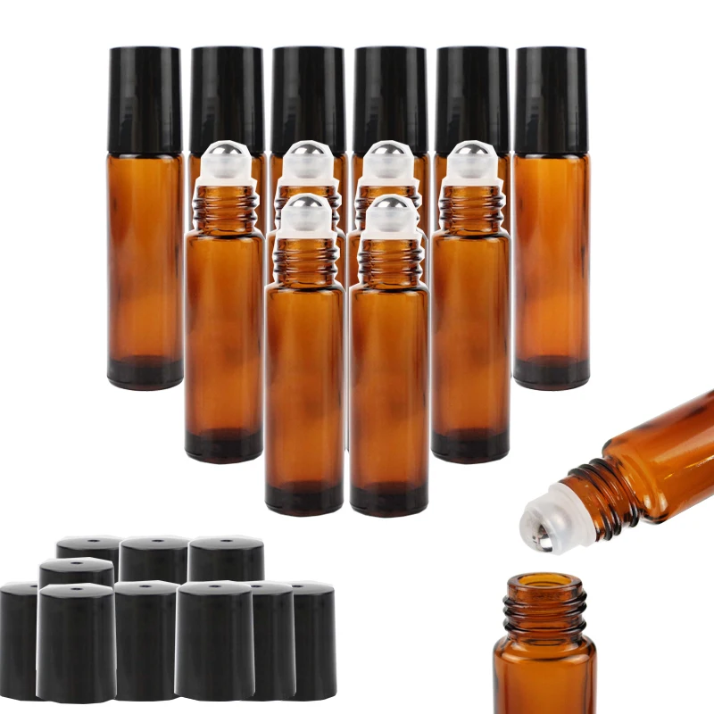 

12Pcs 10ml Amber Glass Roll on Bottle with Stainless Steel Ball for Essential Oils Empty Refillable Perfume Bottles Containers