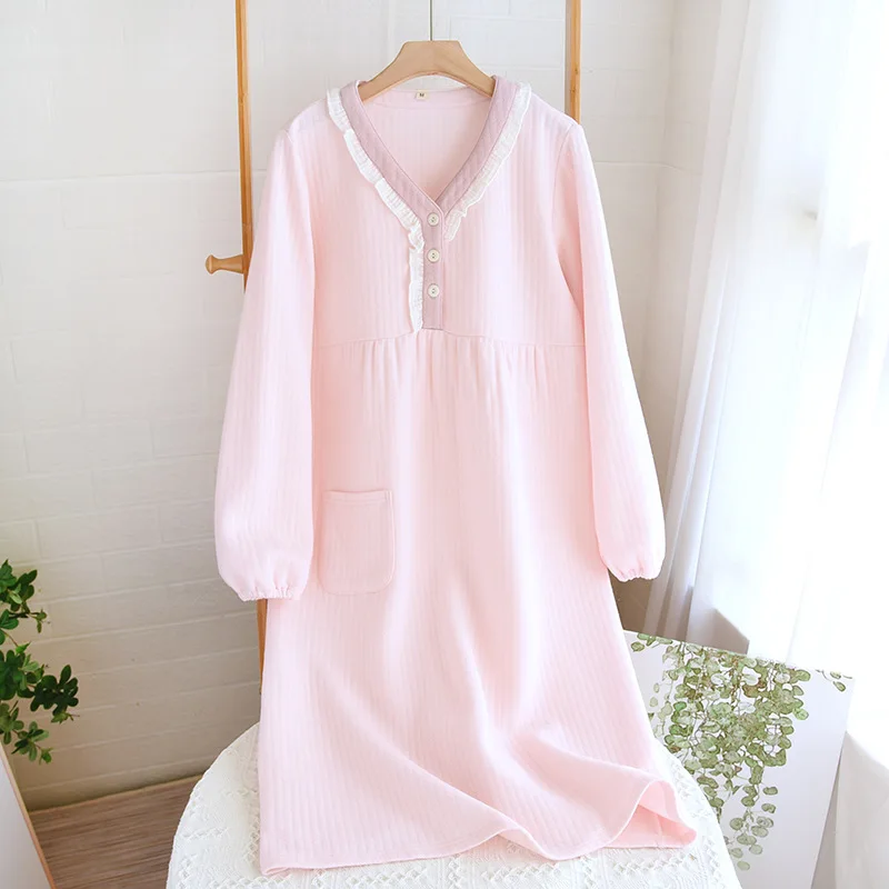 Autumn and Winter New Women's Long Skirt Thickened Thermal Nightdress 100% Cotton Cotton Clip Long Sleeve Home Dress sleepwear
