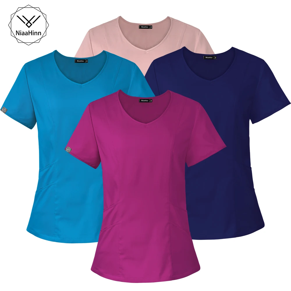 

Multi functional double pockets Workwear Nurse Uniform Short Sleeve Shirt Nurse Scrub Tops Medical Scrub Jacket Blouse Tops XXL