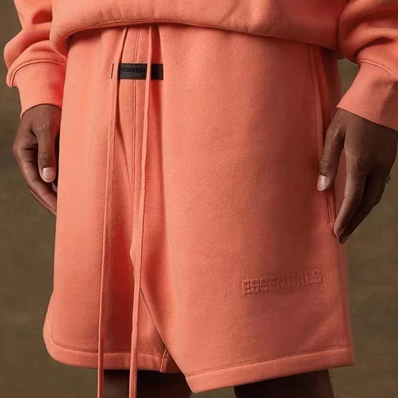 

Coral Red Essentials Shorts Flocked 3D Letter Logo Printed Fashion Brand Season 8 Hip-hop Loose Unisex Oversize Hoodie Shorts