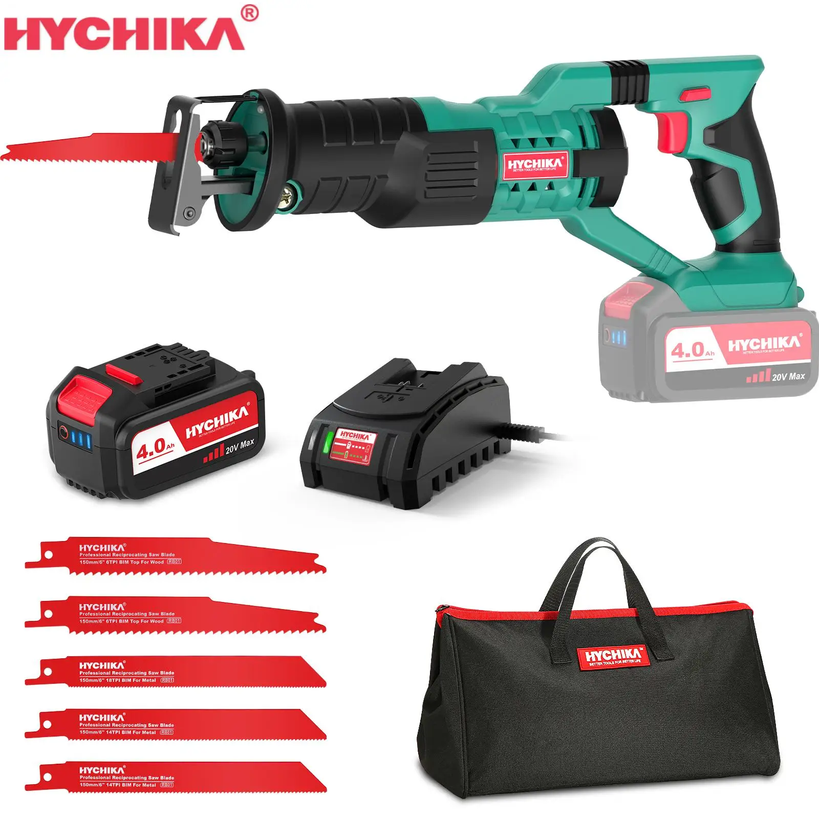 Reciprocating Saw Hychika 18V Cordless 2800SPM Compact Reciprocating Saw 6Pcs Blade Kit Power Saw Tool for Wood Metal Cutting