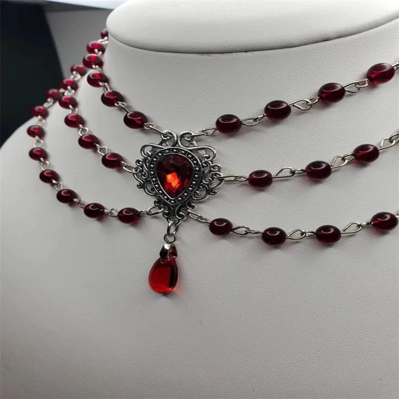 

Victorian,Renaissance,Romantic,Classic Choker,Handmade Gothic Garnet Red Glass Crystal Beaded Necklace Costume Vampire Jewelry