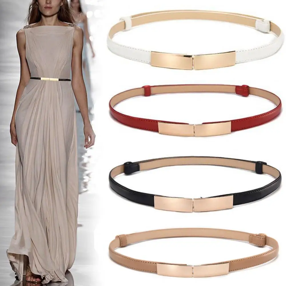 

Женский тонкий кожаный ремень с золотистой эластичной пряжкой