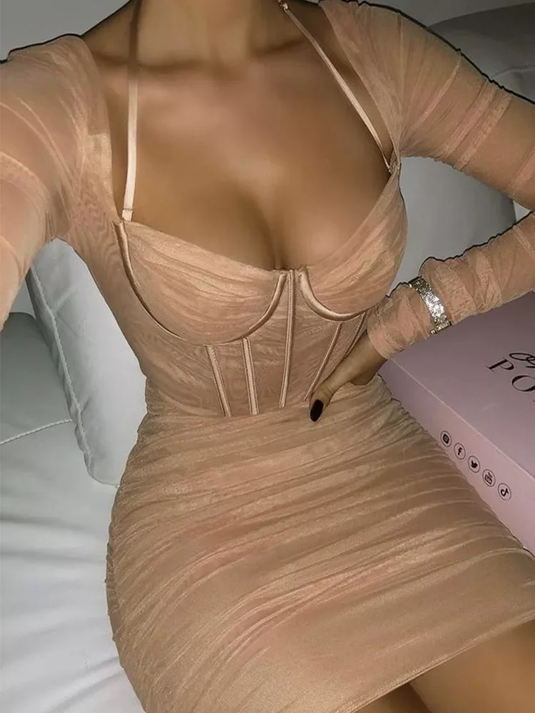 

High Quality Autumn Long Sleeve Bodycon Dress party Sexy 2022 Casual dress Mini Mesh Dress Halter Boning Corset Dress Club Dress