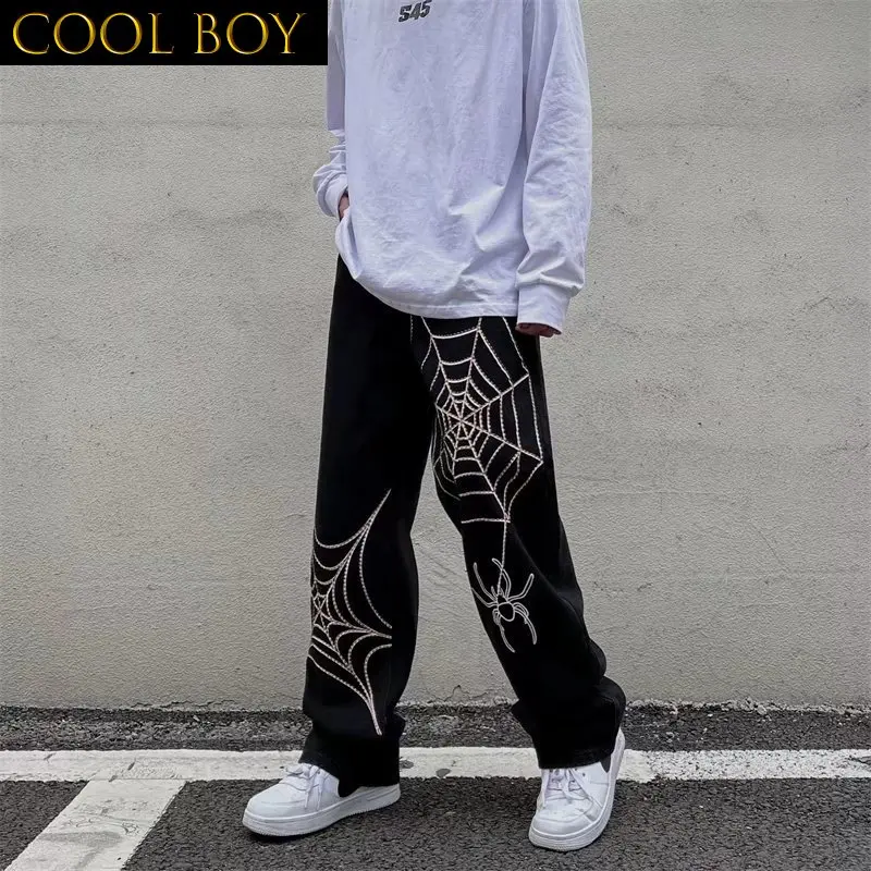 E BOY 2022 Vibe Style Spider Web Embroidery Baggy Men Hip Hop Jeans Pants Y2K Black Straight Loose Women Denim Trousers Pantalon