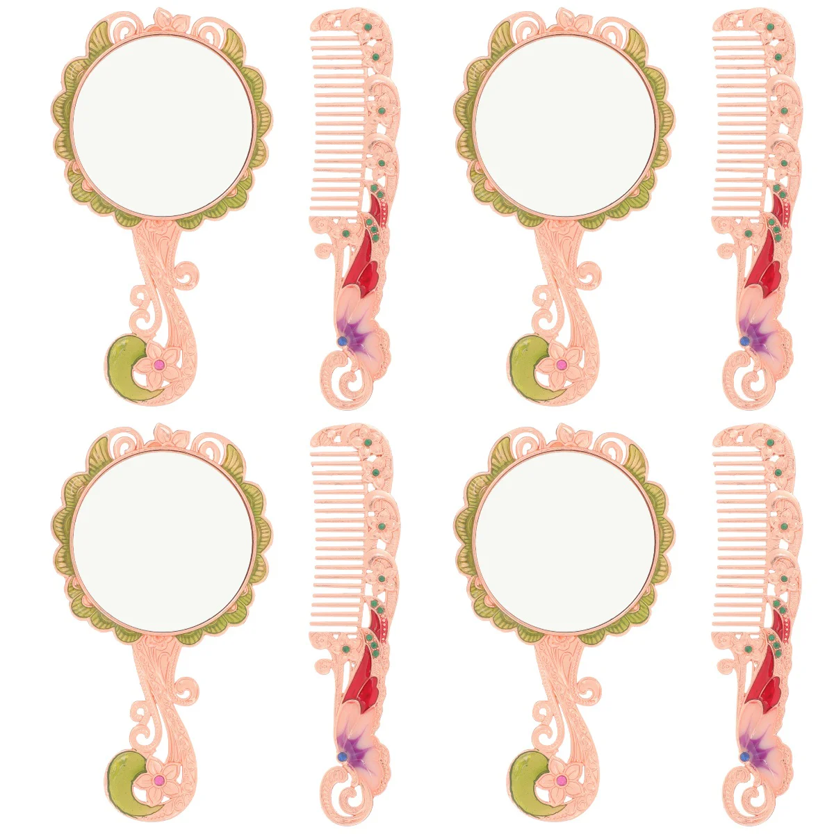 

4 Sets Hand Mirrors With Handle Mini Vintage Metal Handle Makeup Women Small Comb Miss Handheld