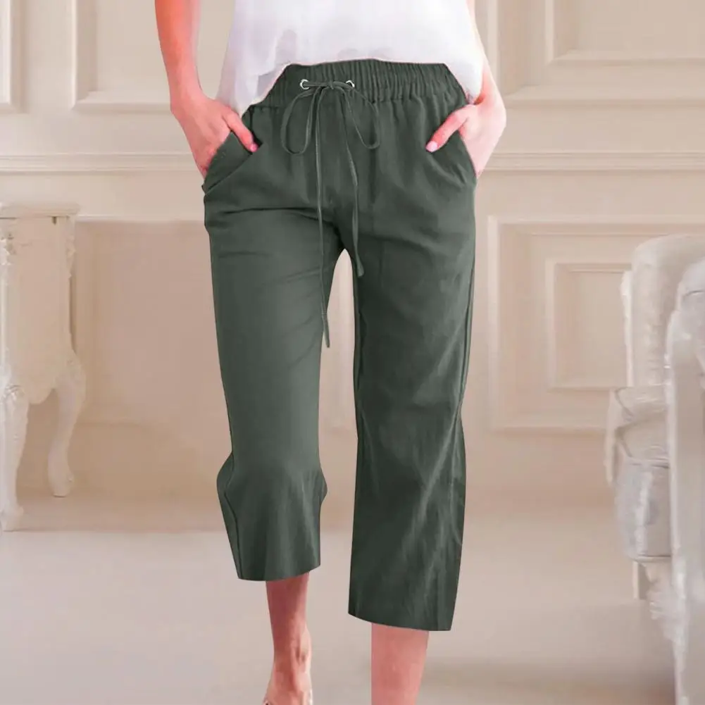Summer Women Pants Sweatpants Solid Color Straight Soft Elastic Waist Drawstring Trousers Mid-calf Length Cropped Pants