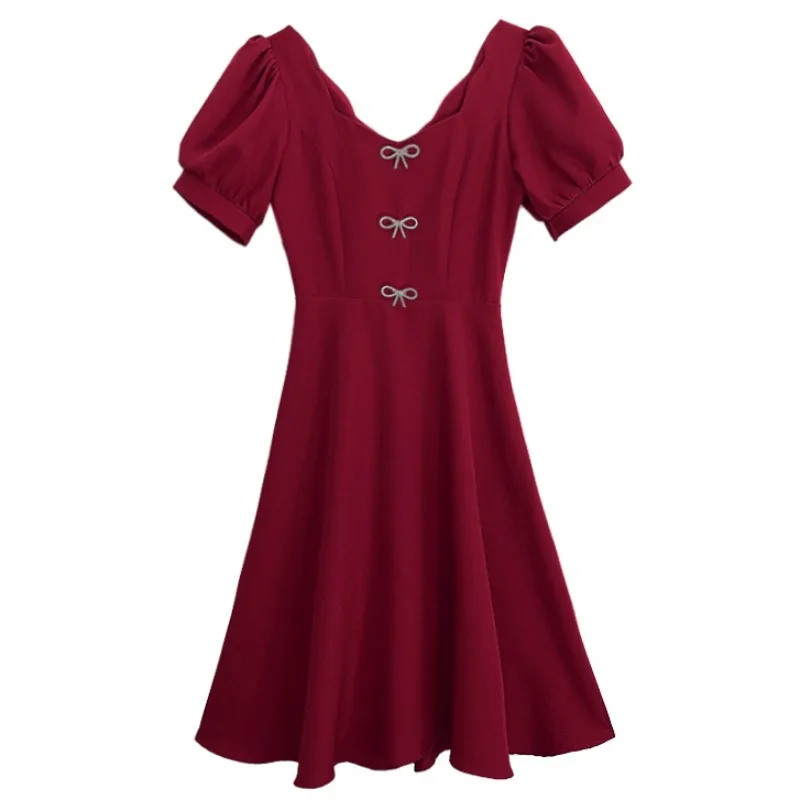 

Women's Elegant Square-Neck Dress 2022 Spring and Summer New Slim Temperament Puff Sleeve Short-Sleeved Mid-Length Dress
