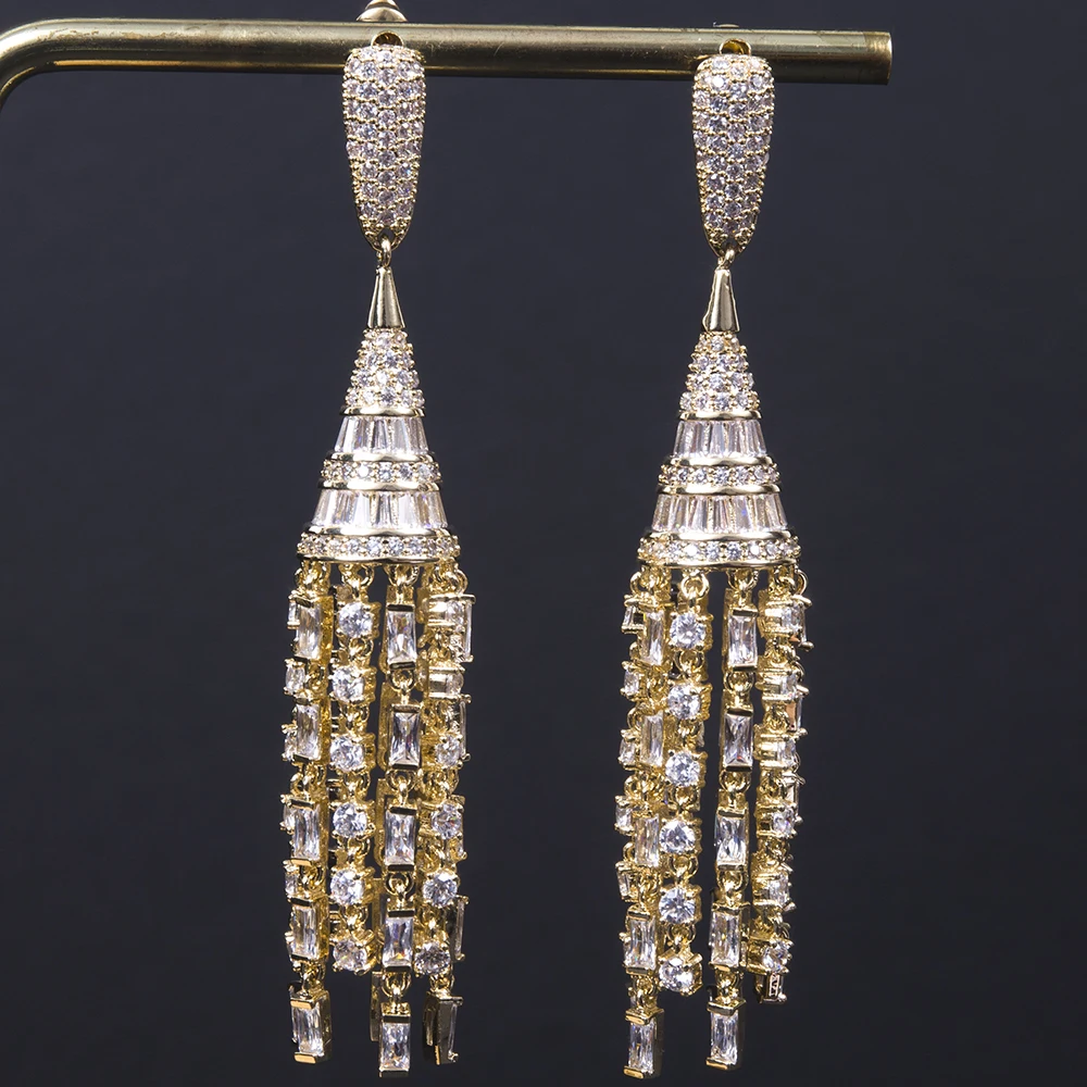 

Luxury Water Drops Earrings Trendy Cubic Zircon Wedding Engagement Party Dubai Long Tassels Earrings For Women Jewel E4811