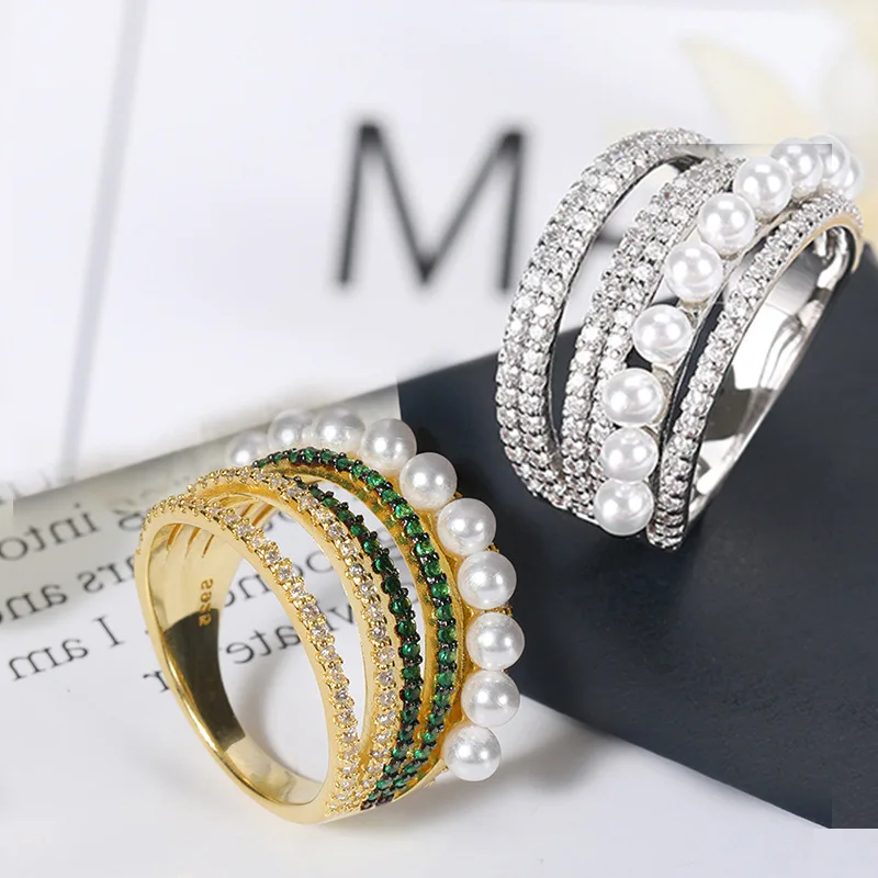 

Cubic Zirconia White Green Cubic Zirconia 6 Multi-ring Round Ring With Pearl Ladies Fashion Party Ring Jewelry Gift