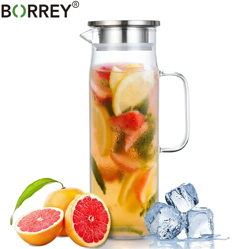 

BORREY 1L/1.5L Clear Glass Juice Jug Heat-resistant Glass Teapot Coffee Pot Cold Hot Kettle Water Pitcher Lemonade Ice Kettle