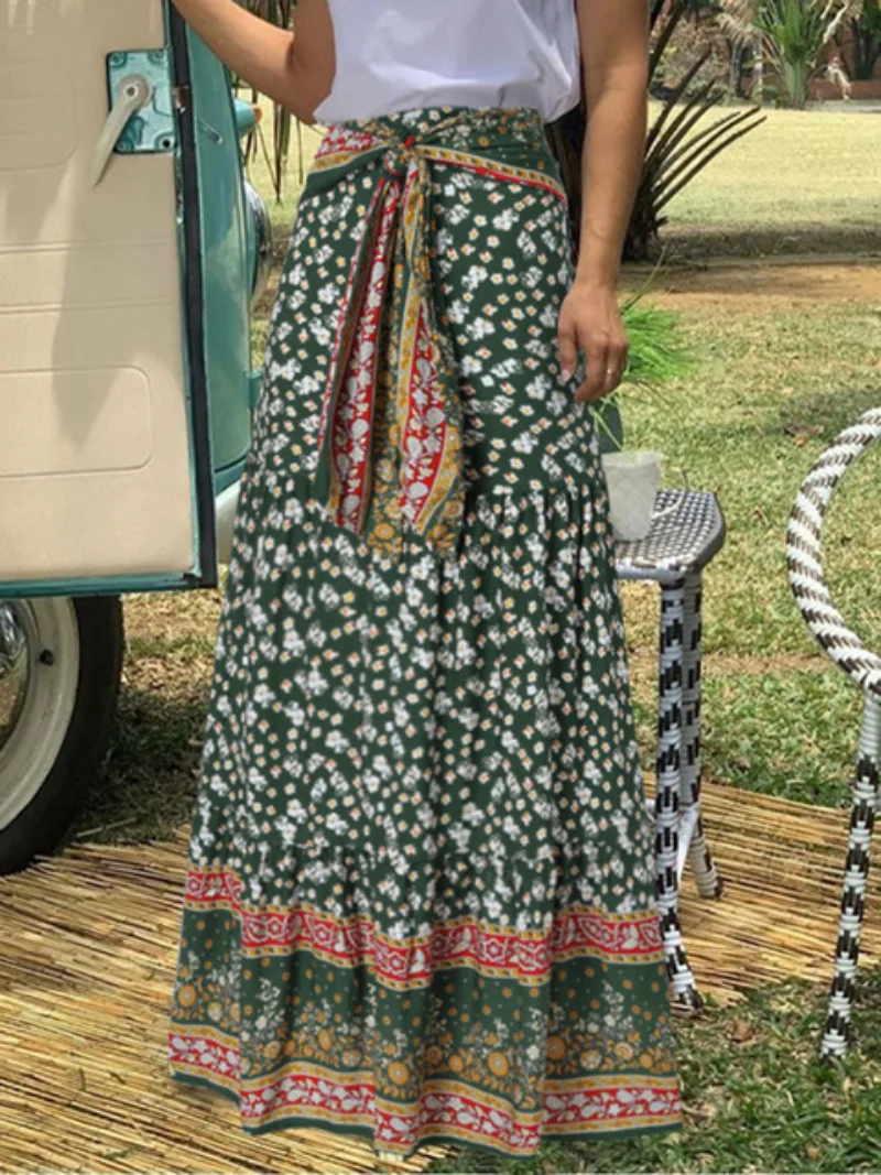 

Casual Loose Bandage Long Jupes Fashion Floral Print Skirt 2023 Bohemian High Waist Women Ruffled Hem Maxi Skirt Holiday 2023