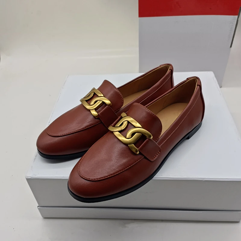 2023 European and American metal buckle decorative flat women's shoes solid color loafers