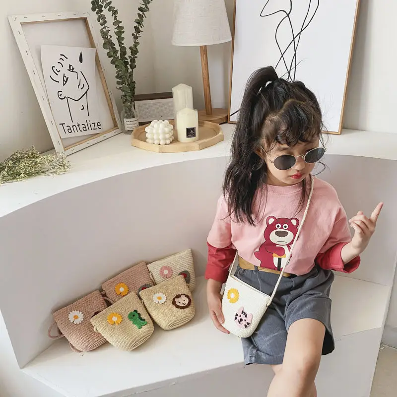 Straw Woven Children Beach Shoulder Bag Cute Girls Princess Animal Crossbody Bags Baby Kids Floral Coin Purse Handbags Wallet