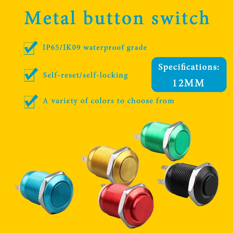 

1PCS 12mm Metal Push Button Switch Oxidize Color Self-Reset/Momentary Reset Flat/High Head 2Pins Waterproof Normal Open Terminal