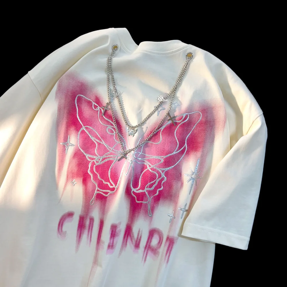 

New Hip Hop Brand Chain Neck Aesthetic T Shirts Y2K Butterfly Graphic Tee Sweet Girls Streetwear Summer Tops Short Sleeve Casual