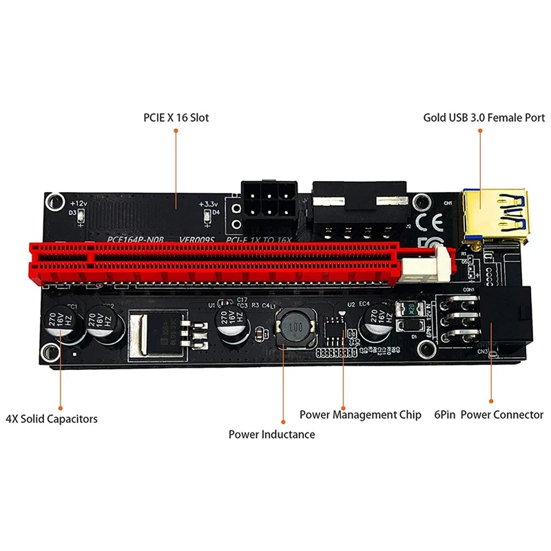 

6-Pack Pcie Dual Chip PCI-E 16X To 1X Powered Riser Adapter Card, 6 PIN & Molex 3 Connector With 60Cm USB 3.0 Cable