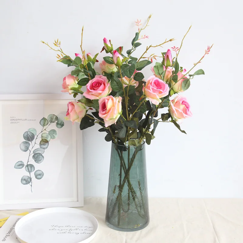 

1 Branch Velvet Rose 3 Heads Artificial Flowers DIY Silk Fake Flower Fresh Flores for Party Home Wedding Garden Decoration