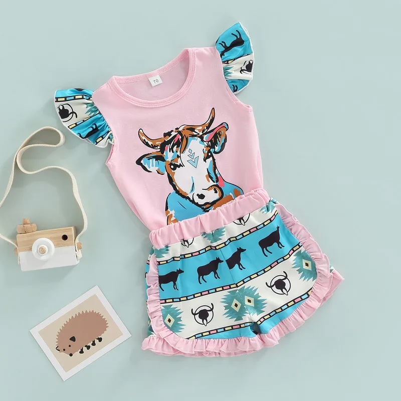 

Baby Girls 2PCS Pants Suit, Cattle Patterns Fly Sleeve Crew Neck Top Shirt + High Waist Ruffle Trimmed Shorts
